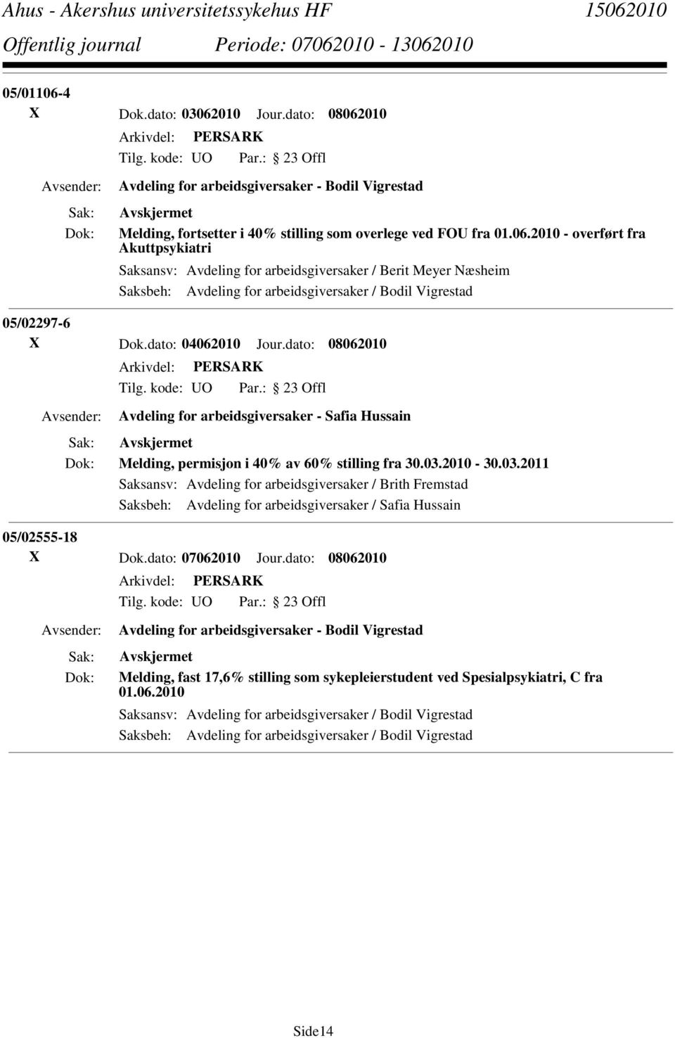 2010-30.03.2011 Saksansv: Avdeling for arbeidsgiversaker / Brith Fremstad Saksbeh: Avdeling for arbeidsgiversaker / Safia Hussain 05/02555-18 X Dok.dato: 07062010 Jour.