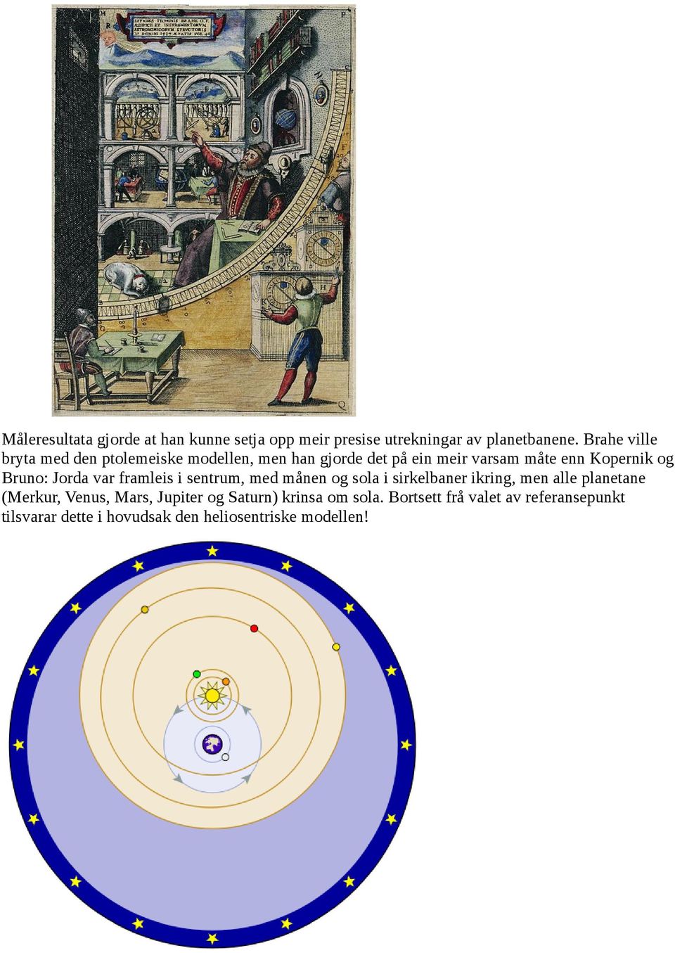 Bruno: Jorda var framleis i sentrum, med månen og sola i sirkelbaner ikring, men alle planetane (Merkur,