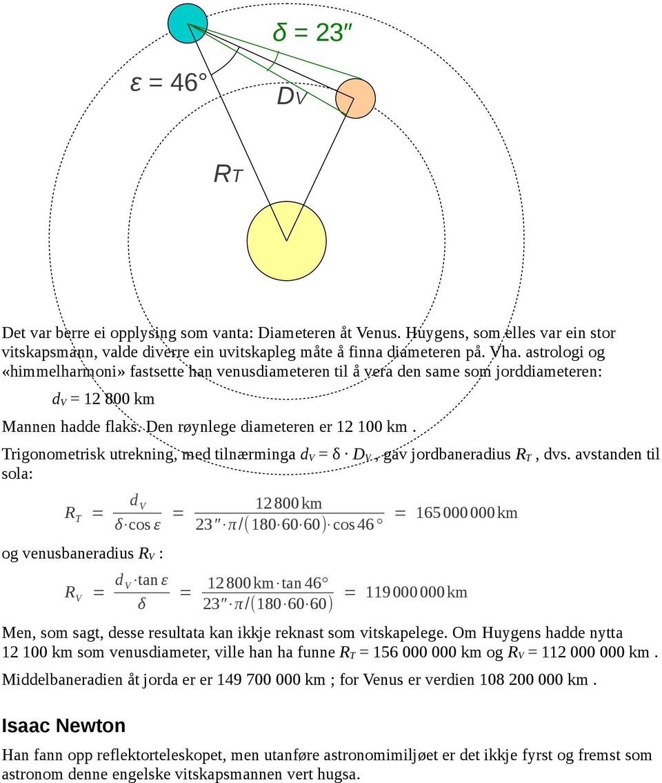 Trigonometrisk utrekning, med tilnærminga dv = δ DV, gav jordbaneradius RT, dvs.