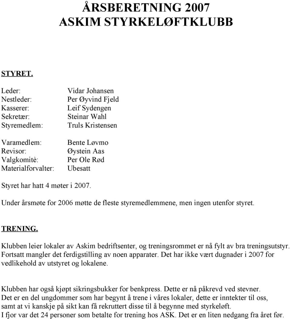 Aas Per Ole Rød Ubesatt Styret har hatt 4 møter i 2007. Under årsmøte for 2006 møtte de fleste styremedlemmene, men ingen utenfor styret. TRENING.