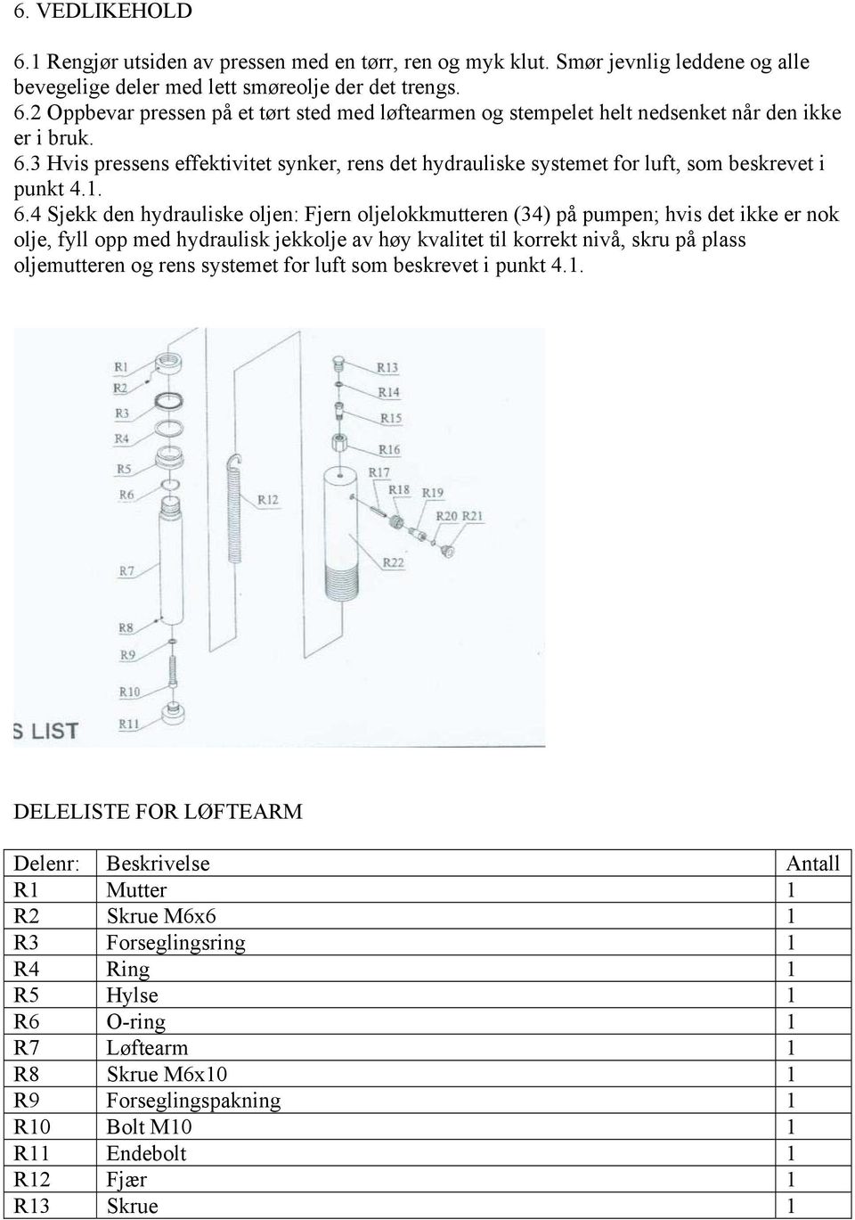 4 Sjekk den hydrauliske oljen: Fjern oljelokkmutteren (34) på pumpen; hvis det ikke er nok olje, fyll opp med hydraulisk jekkolje av høy kvalitet til korrekt nivå, skru på plass oljemutteren og rens