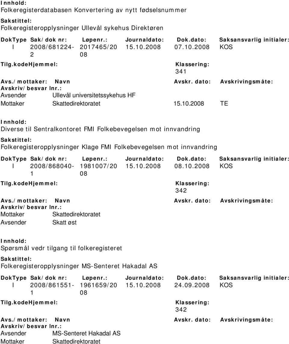 2008 KOS 2 08 341 Avsender Ullevål universitetssykehus HF Mottaker Skattedirektoratet 15.10.