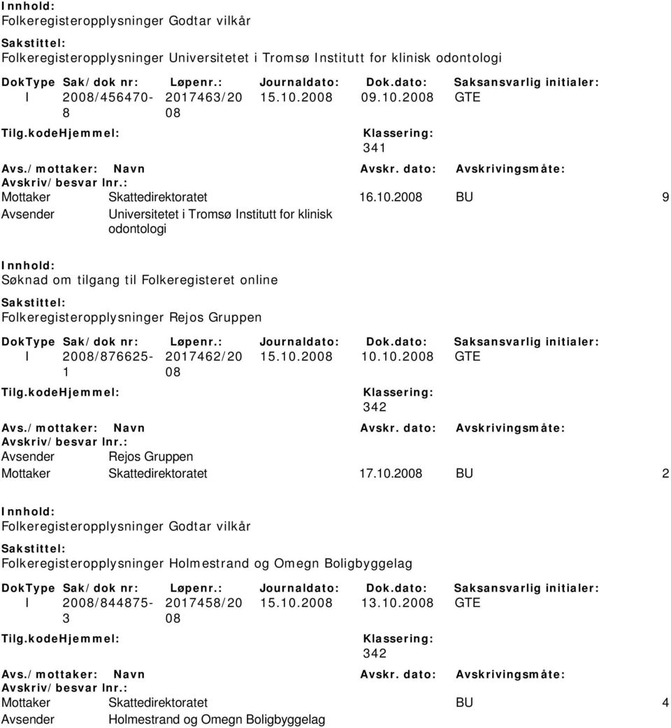 2008 GTE 8 08 341 Mottaker Skattedirektoratet 16.10.