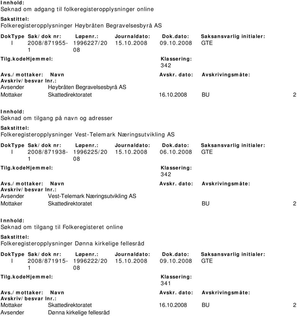 10.2008 06.10.2008 GTE 342 Avsender Vest-Telemark Næringsutvikling AS Mottaker Skattedirektoratet BU 2 Søknad om tilgang til Folkeregisteret online Folkeregisteropplysninger