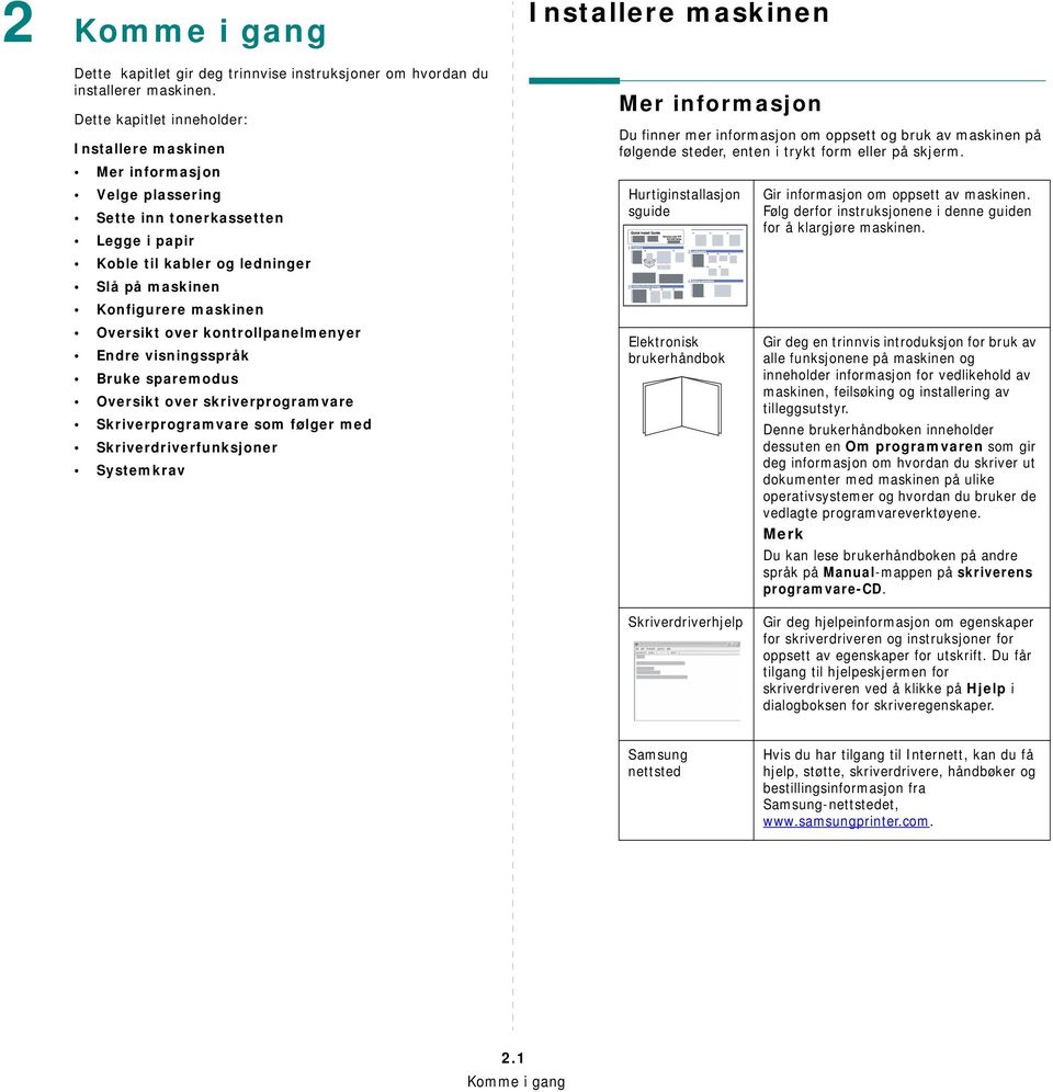 kontrollpanelmenyer Endre visningsspråk Bruke sparemodus Oversikt over skriverprogramvare Skriverprogramvare som følger med Skriverdriverfunksjoner Systemkrav Installere maskinen Mer informasjon Du