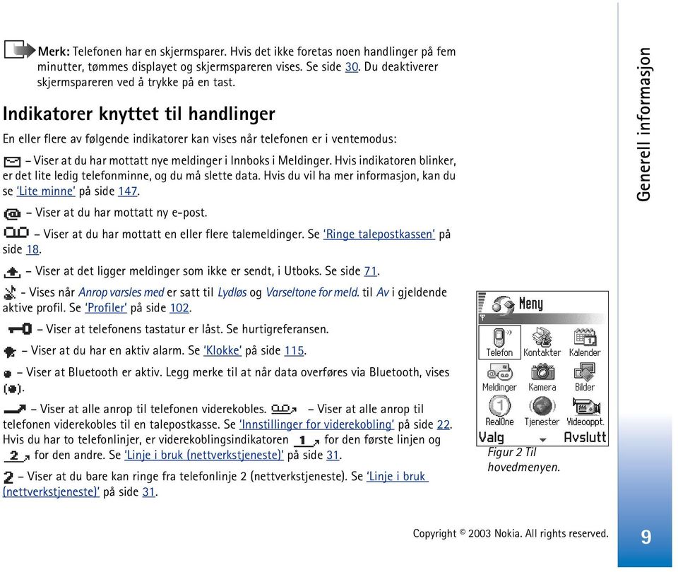 Hvis indikatoren blinker, er det lite ledig telefonminne, og du må slette data. Hvis du vil ha mer informasjon, kan du se Lite minne på side 147. Viser at du har mottatt ny e-post.