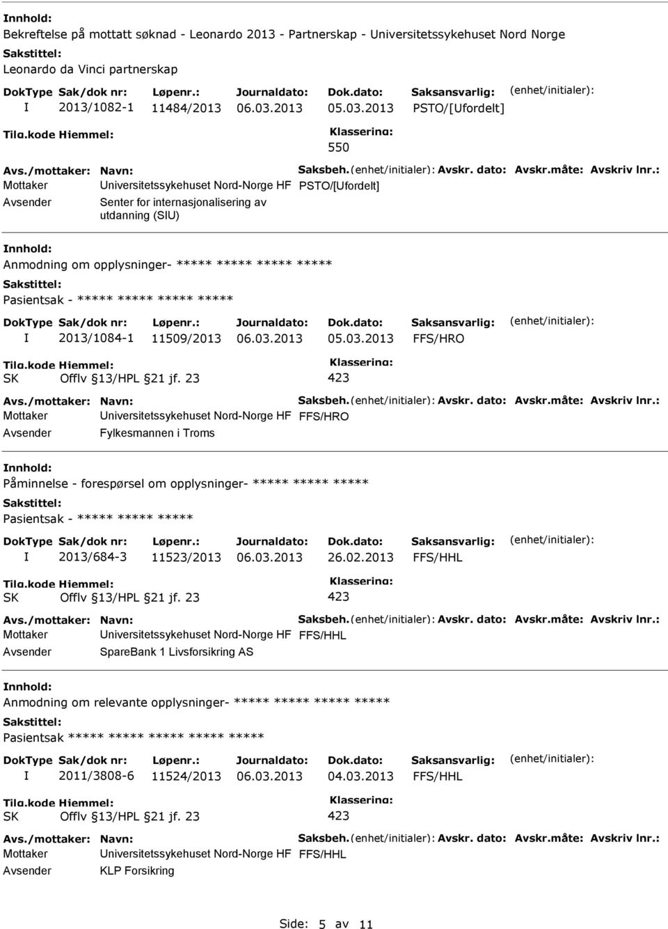 2013/1084-1 11509/2013 Mottaker niversitetssykehuset Nord-Norge HF Fylkesmannen i Troms nnhold: Påminnelse - forespørsel om opplysninger- ***** ***** ***** Pasientsak - ***** ***** ***** 2013/684-3