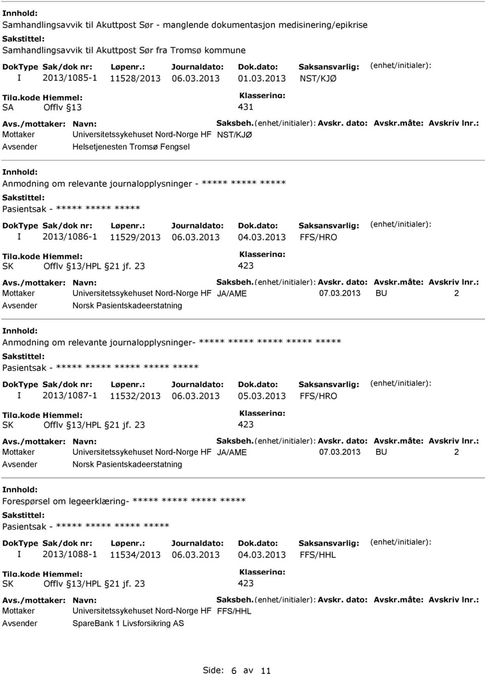 ***** ***** ***** 2013/1086-1 11529/2013 Mottaker niversitetssykehuset Nord-Norge HF JA/AME 07.03.