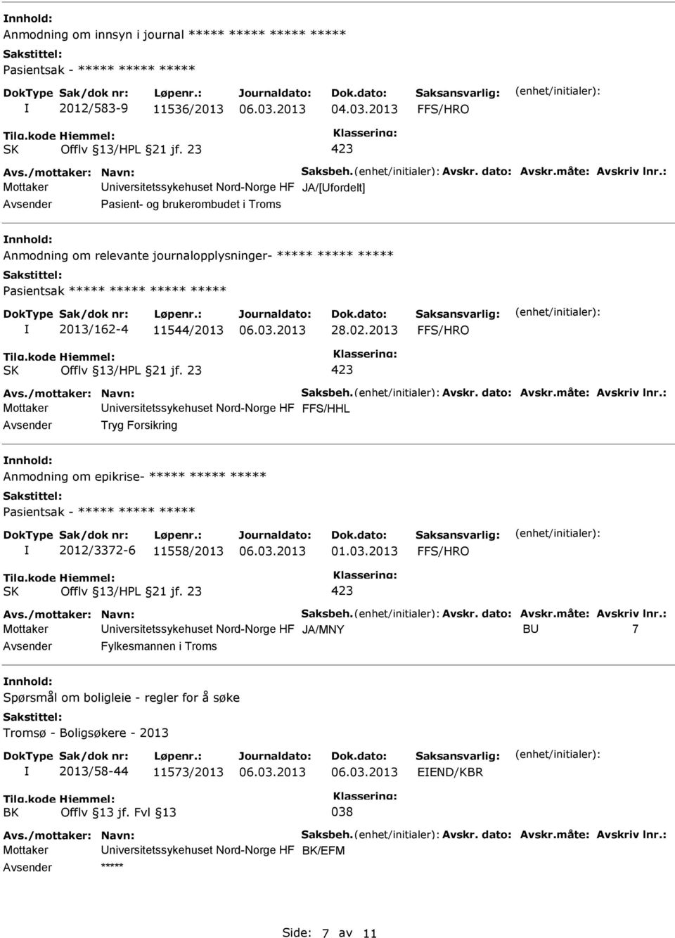 2013 Mottaker niversitetssykehuset Nord-Norge HF FFS/HHL Tryg Forsikring nnhold: Anmodning om epikrise- ***** ***** ***** Pasientsak - ***** ***** ***** 2012/3372-6 11558/2013 01.03.