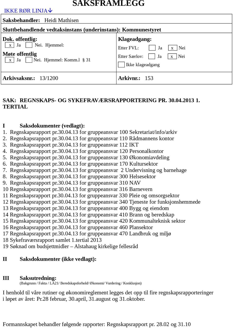 TERTIAL I Saksdokumenter (vedlagt): 1. Regnskapsrapport pr.30.04.13 for gruppeansvar 100 Sekretariat/info/arkiv 2. Regnskapsrapport pr.30.04.13 for gruppeansvar 110 Rådmannens kontor 3.