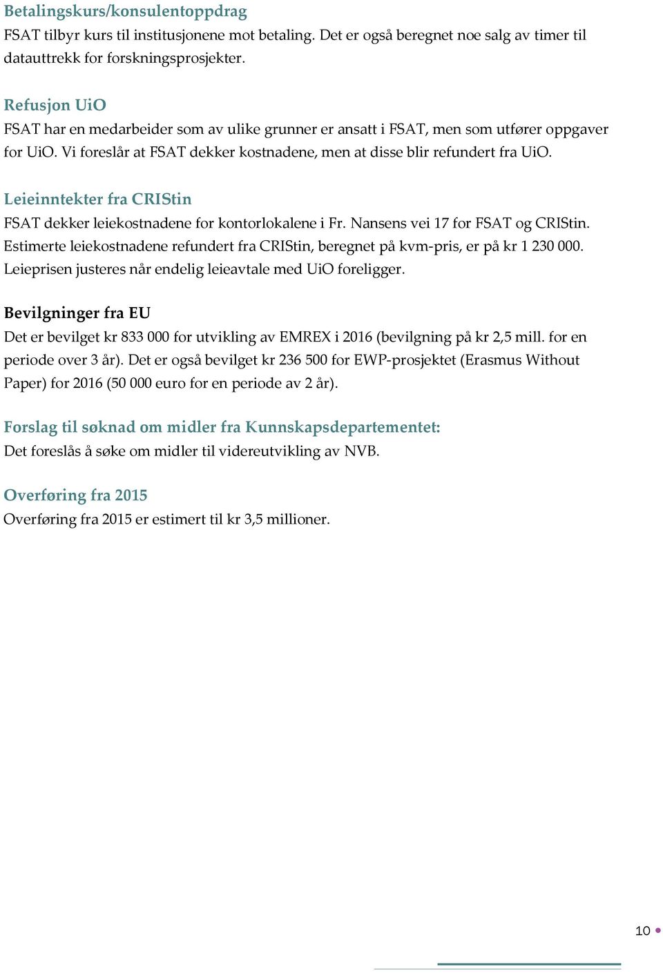 Leieinntekter fra CRIStin FSAT dekker leiekostnadene for kontorlokalene i Fr. Nansens vei 17 for FSAT og CRIStin.