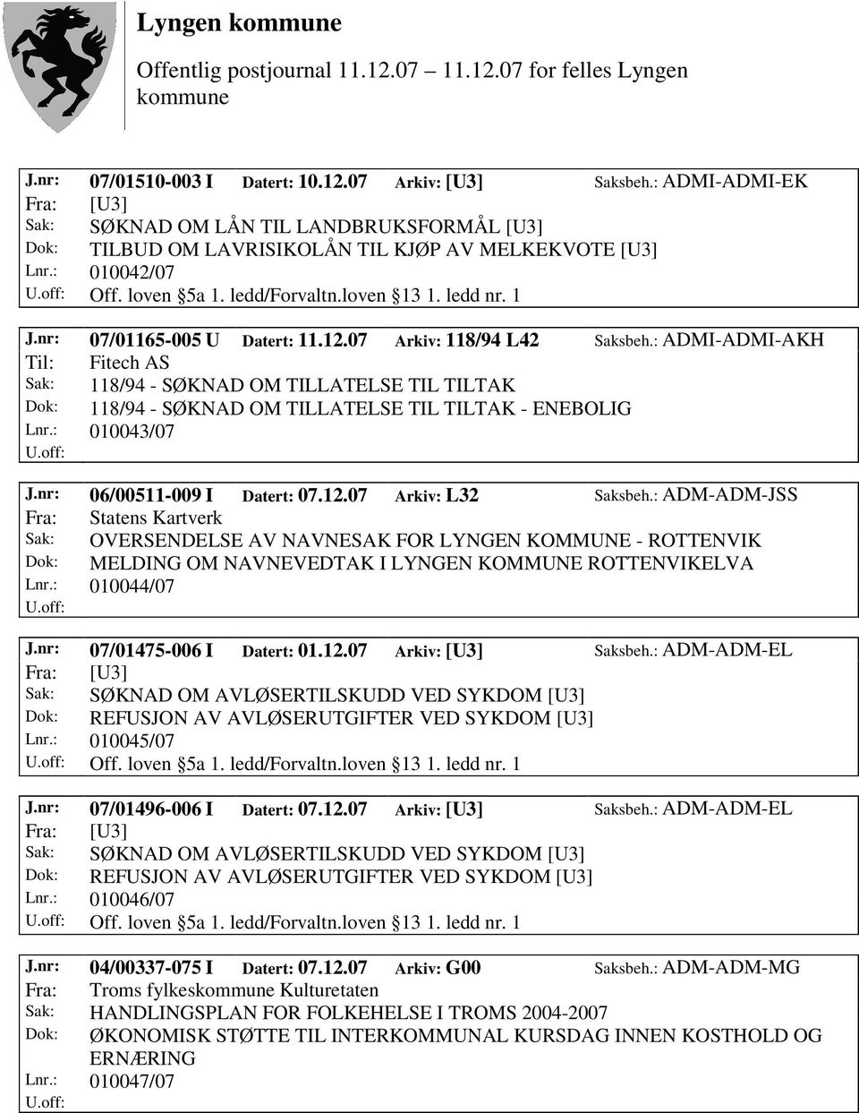 : ADMI-ADMI-AKH Til: Fitech AS Sak: 118/94 - SØKNAD OM TILLATELSE TIL TILTAK Dok: 118/94 - SØKNAD OM TILLATELSE TIL TILTAK - ENEBOLIG Lnr.: 010043/07 J.nr: 06/00511-009 I Datert: 07.12.