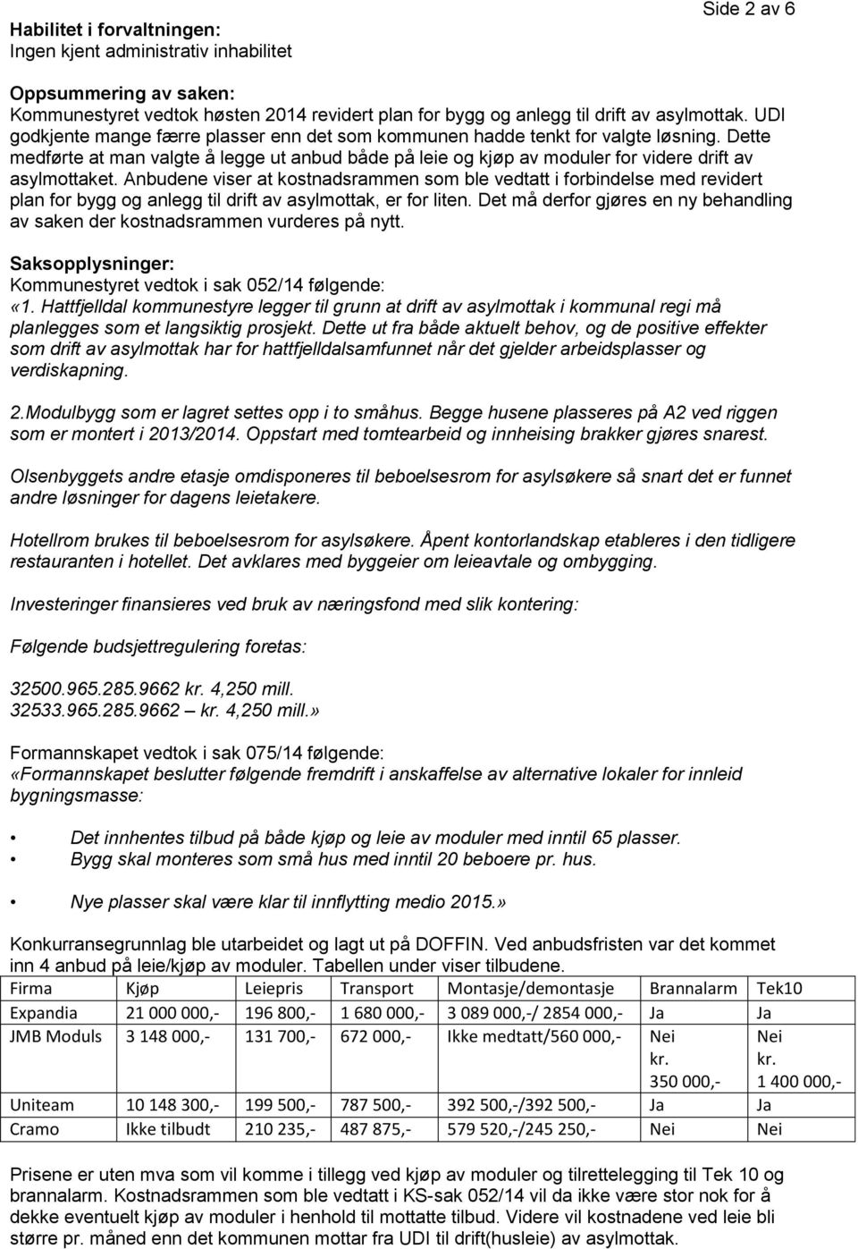 Anbudene viser at kostnadsrammen som ble vedtatt i forbindelse med revidert plan for bygg og anlegg til drift av asylmottak, er for liten.