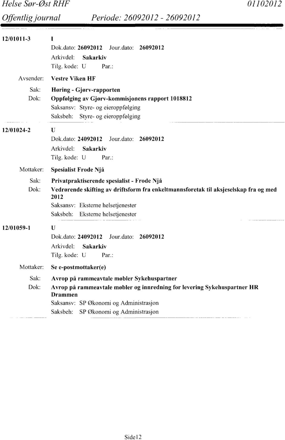 enkeltmannsforetak til aksjeselskap fra og med 2012 Eksterne helsetjenester Eksterne helsetjenester 12/01059-1 Mottaker: Se e-postmottaker(e) Sak: Avrop på