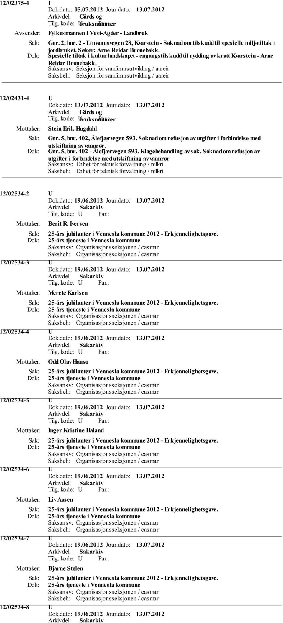 Saksansv: Seksjon for samfunnsutvikling / aareir Saksbeh: Seksjon for samfunnsutvikling / aareir 12/02431-4 Stein Erik Hugdahl Gnr. 5, bnr. 402, Ålefjærvegen 593.