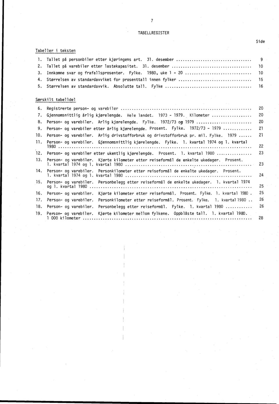 Fylke 16 Særskilt tabelldel 6. Registrerte person- og varebiler 20 7. Gjennomsnittlig årlig kjørelengde. Hele landet. 1973-1979.. Kilometer 20 8. Person- og varebiler. Årlig kjørelengde. Fylke.