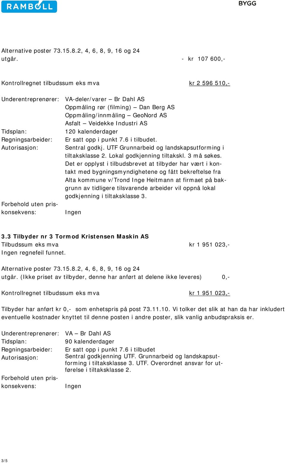 Industri AS Tidsplan: 120 kalenderdager Regningsarbeider: Er satt opp i punkt 7.6 i tilbudet. Autorisasjon: Sentral godkj. UTF Grunnarbeid og landskapsutforming i tiltaksklasse 2.