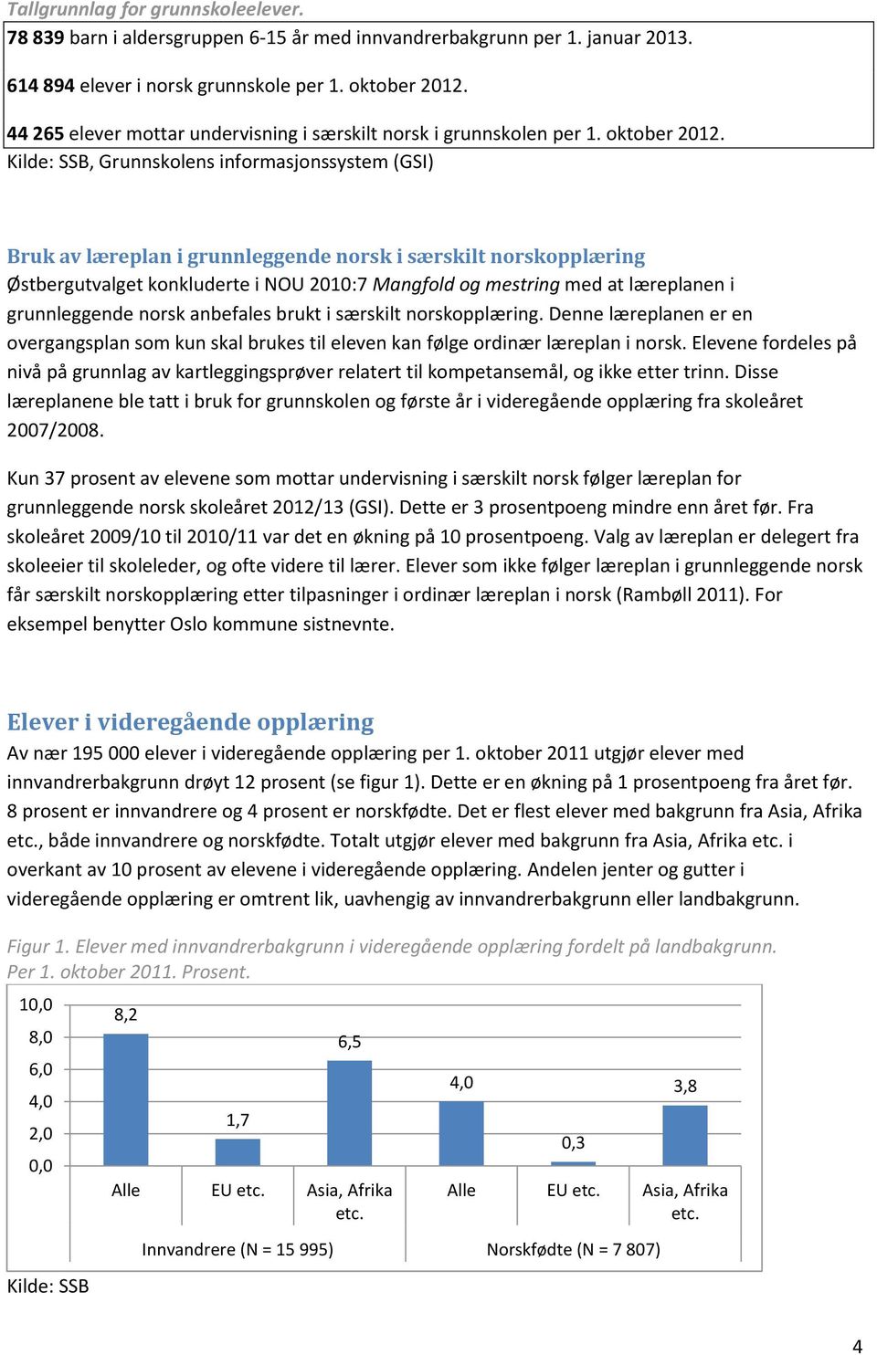 , Grunnskolens informasjonssystem (GSI) Bruk av læreplan i grunnleggende norsk i særskilt norskopplæring Østbergutvalget konkluderte i NOU :7 Mangfold og mestring med at læreplanen i grunnleggende