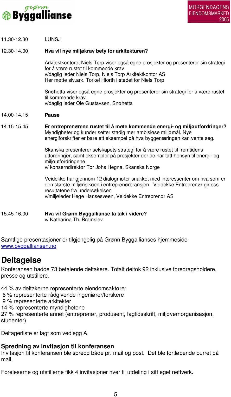 ark. Torkel Hiorth i stedet for Niels Torp Snøhetta viser også egne prosjekter og presenterer sin strategi for å være rustet til kommende krav. v/daglig leder Ole Gustavsen, Snøhetta 14.15-15.