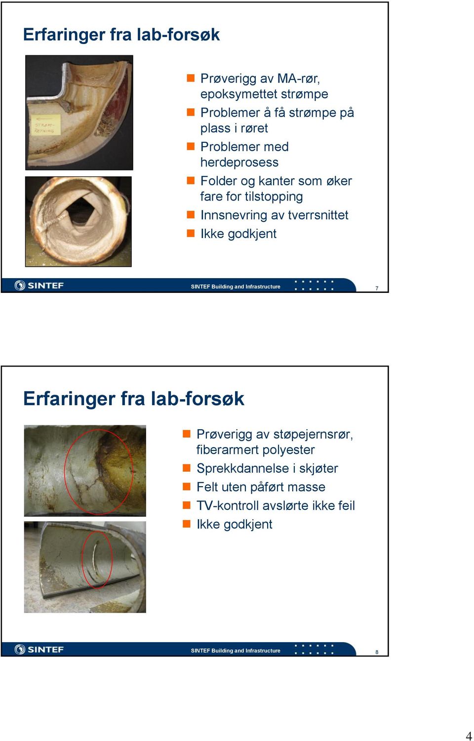 SINTEF Building and Infrastructure 7 Erfaringer fra lab-forsøk Prøverigg av støpejernsrør, fiberarmert polyester