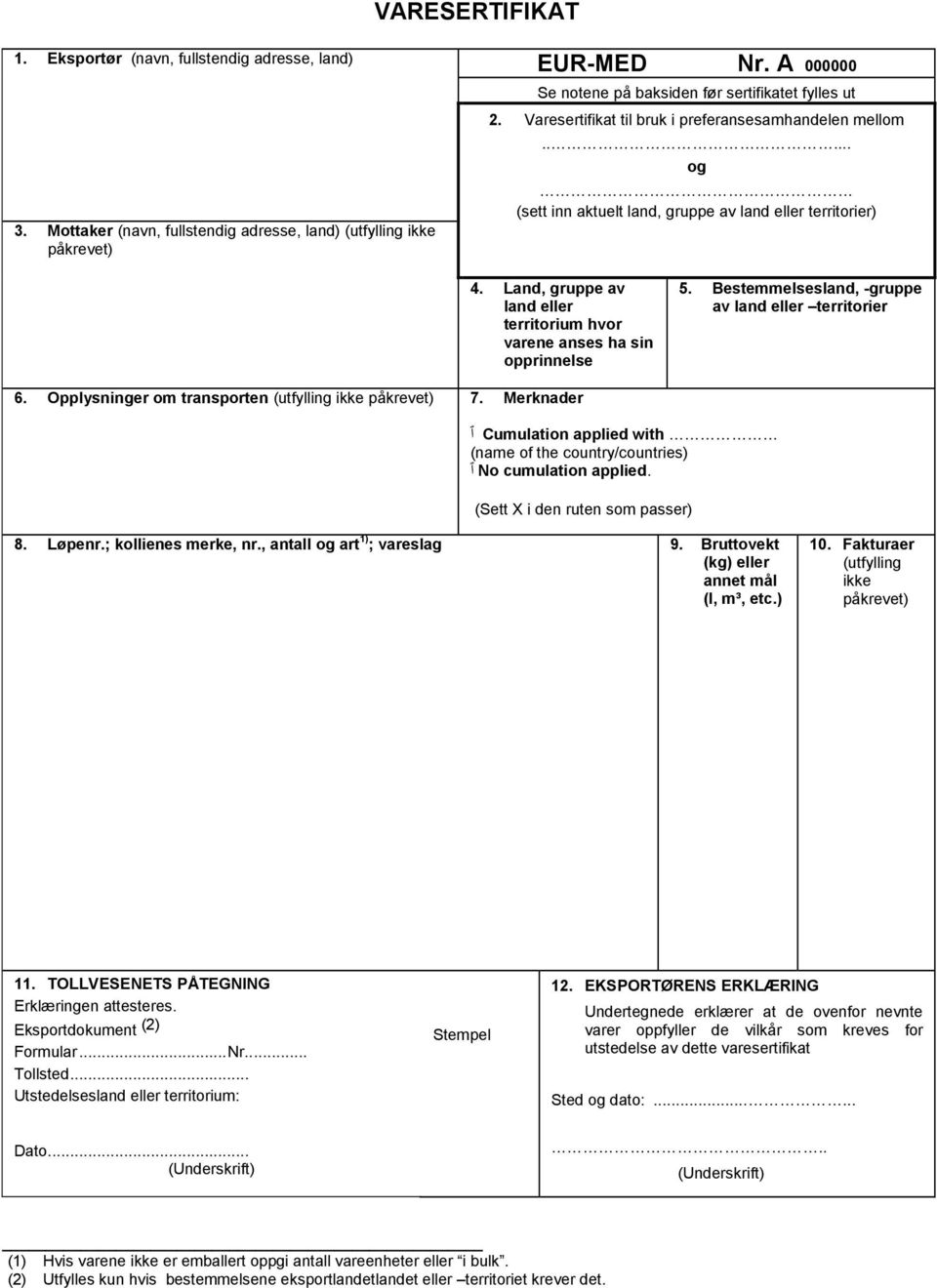 Land, gruppe av land eller territorium hvor varene anses ha sin opprinnelse 5. Bestemmelsesland, -gruppe av land eller territorier 6. Opplysninger om transporten (utfylling ikke 7.