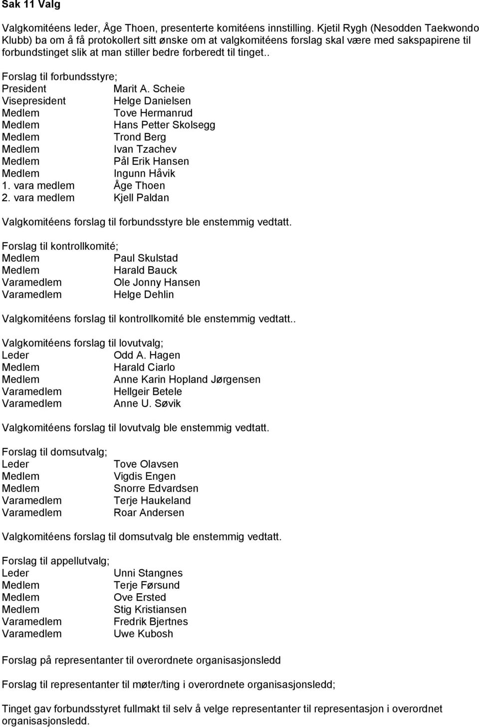 . Forslag til forbundsstyre; President Marit A. Scheie Visepresident Helge Danielsen Tove Hermanrud Hans Petter Skolsegg Trond Berg Ivan Tzachev Pål Erik Hansen Ingunn Håvik 1.