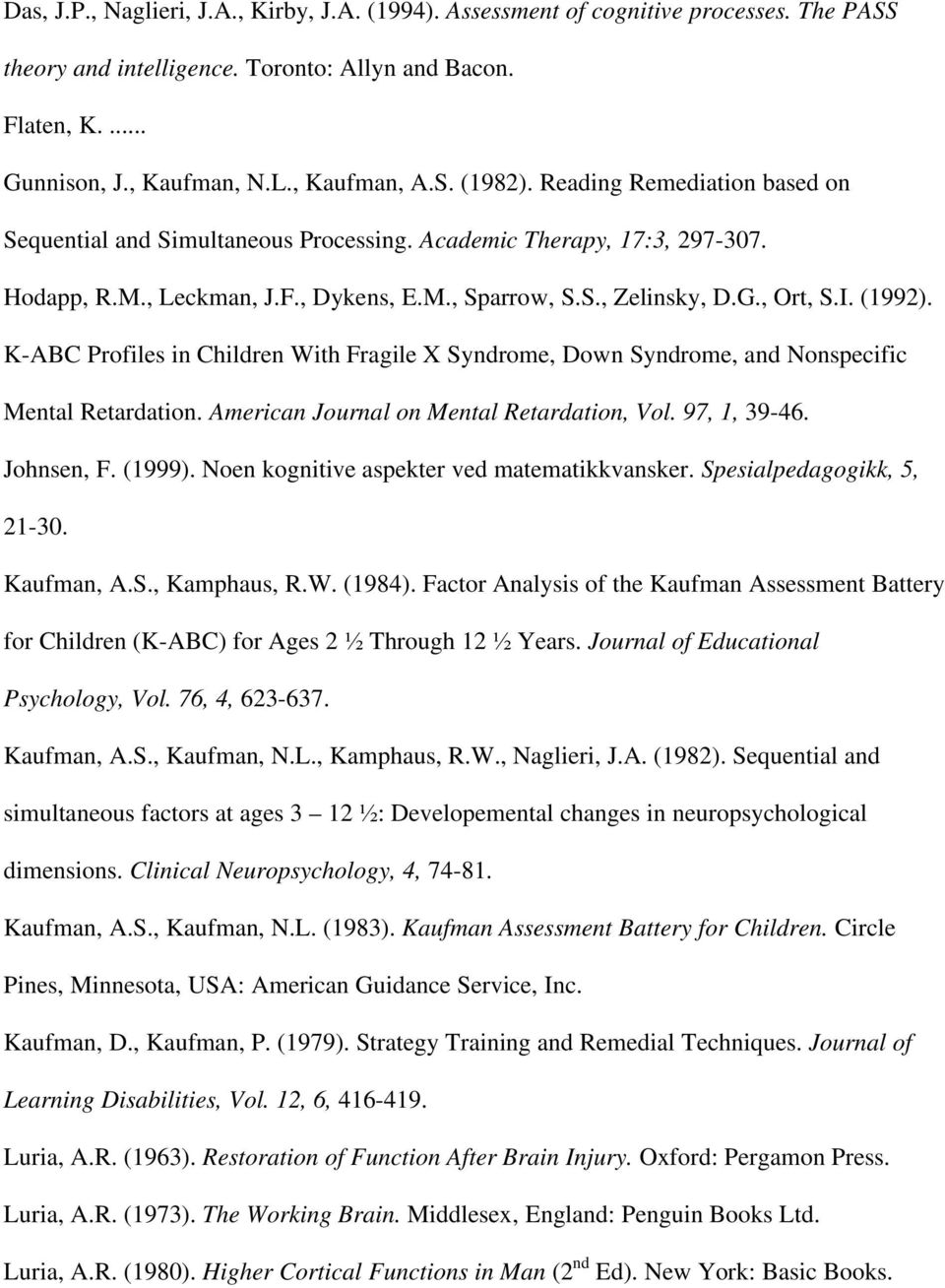 K-ABC Profiles in Children With Fragile X Syndrome, Down Syndrome, and Nonspecific Mental Retardation. American Journal on Mental Retardation, Vol. 97, 1, 39-46. Johnsen, F. (1999).