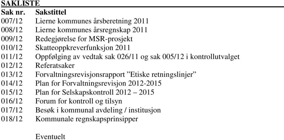 Skatteoppkreverfunksjon 2011 011/12 Oppfølging av vedtak sak 026/11 og sak 005/12 i kontrollutvalget 012/12 Referatsaker 013/12