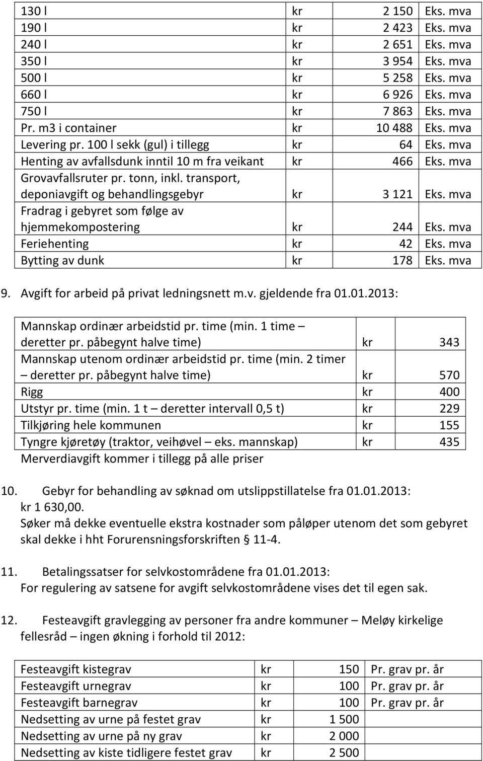 transport, deponiavgift og behandlingsgebyr kr 3 121 Eks. mva Fradrag i gebyret som følge av hjemmekompostering kr 244 Eks. mva Feriehenting kr 42 Eks. mva Bytting av dunk kr 178 Eks. mva 9.