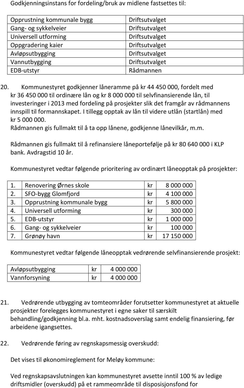 Kommunestyret godkjenner låneramme på kr 44 450 000, fordelt med kr 36 450 000 til ordinære lån og kr 8 000 000 til selvfinansierende lån, til investeringer i 2013 med fordeling på prosjekter slik