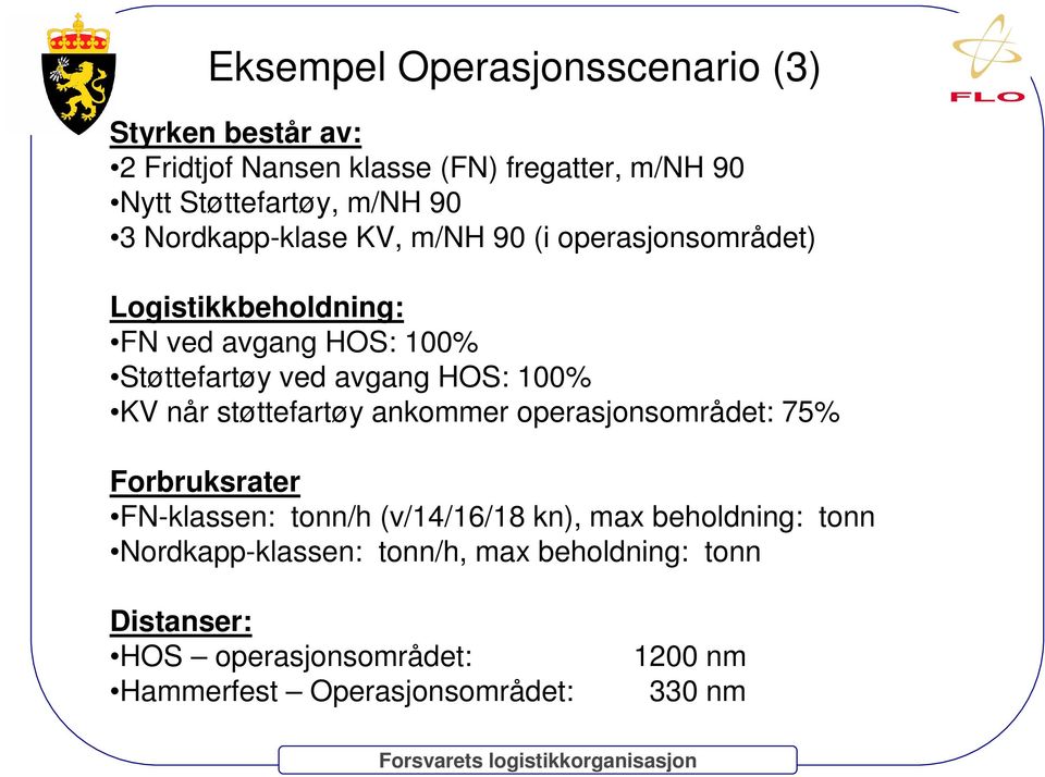 100% KV når støttefartøy ankommer operasjonsområdet: 75% Forbruksrater FN-klassen: tonn/h (v/14/16/18 kn), max beholdning: