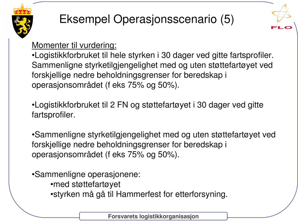 50%). Logistikkforbruket til 2 FN og støttefartøyet i 30 dager ved gitte fartsprofiler.  50%).