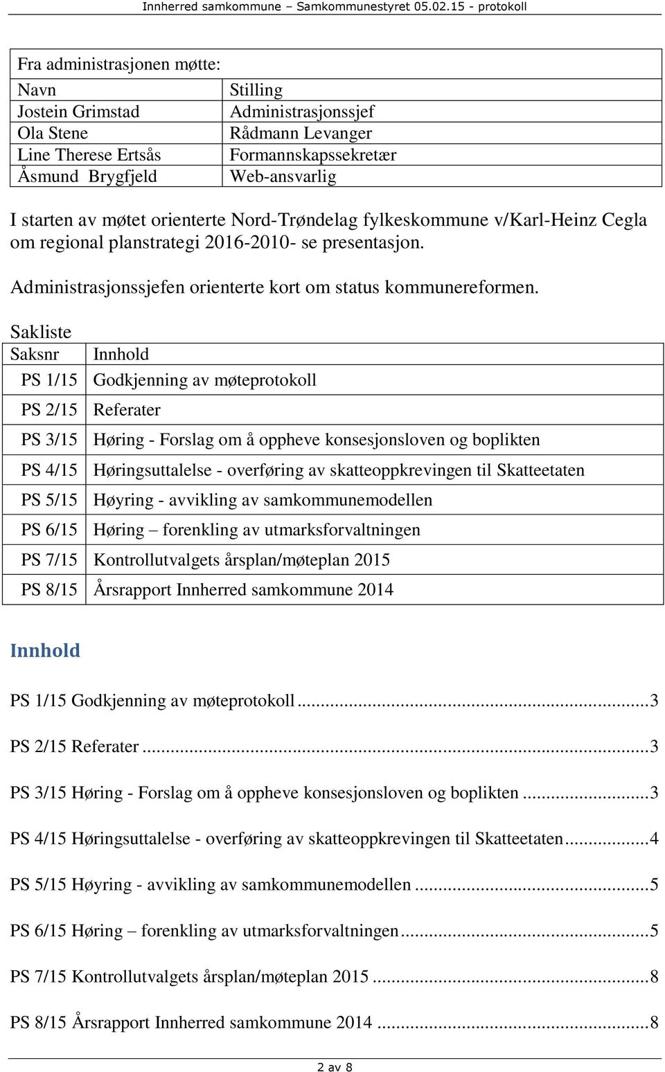 Sakliste Saksnr Innhold PS 1/15 Godkjenning av møteprotokoll PS 2/15 Referater PS 3/15 Høring - Forslag om å oppheve konsesjonsloven og boplikten PS 4/15 Høringsuttalelse - overføring av