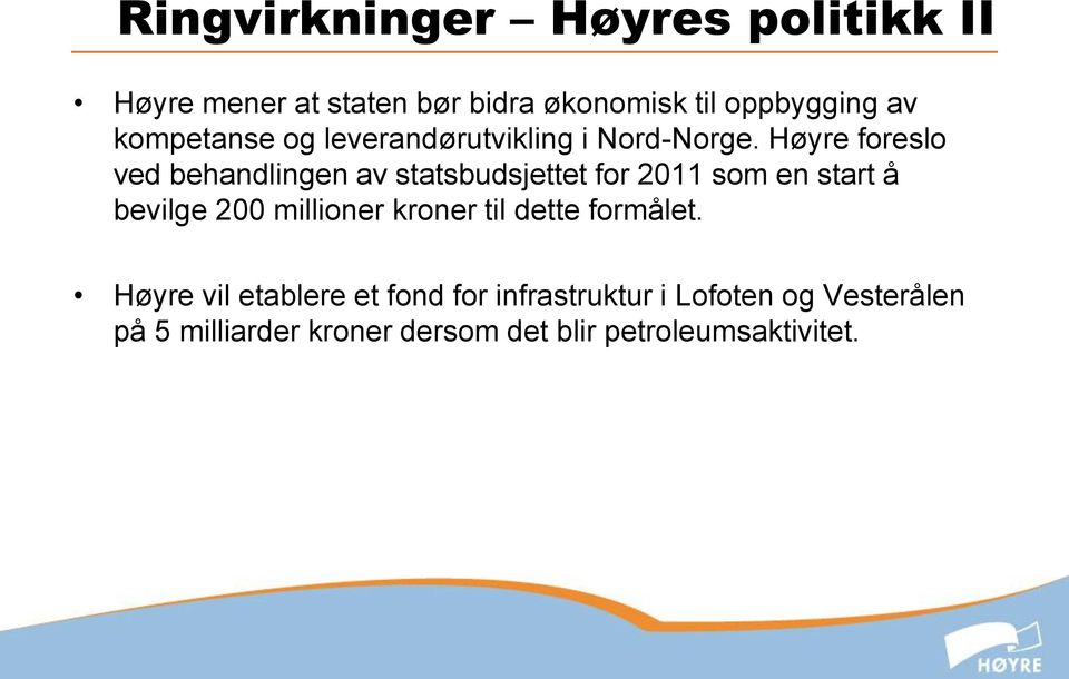 Høyre foreslo ved behandlingen av statsbudsjettet for 2011 som en start å bevilge 200 millioner