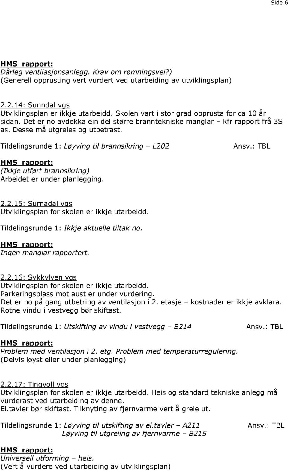 Tildelingsrunde 1: Løyving til brannsikring L202 (Ikkje utført brannsikring) Arbeidet er under planlegging. 2.2.15: Surnadal vgs Utviklingsplan for skolen er ikkje utarbeidd.