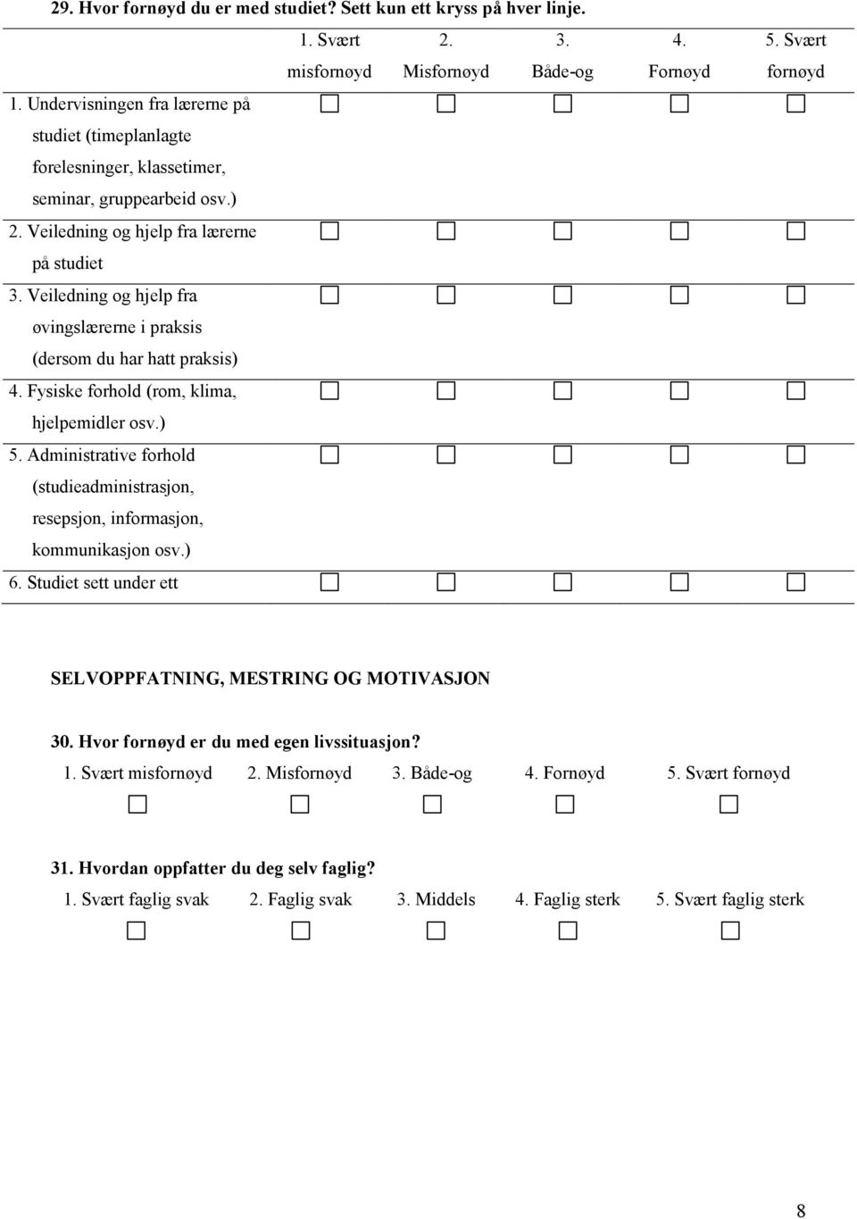 Veiledning og hjelp fra øvingslærerne i praksis (dersom du har hatt praksis) 4. Fysiske forhold (rom, klima, hjelpemidler osv.) 5.