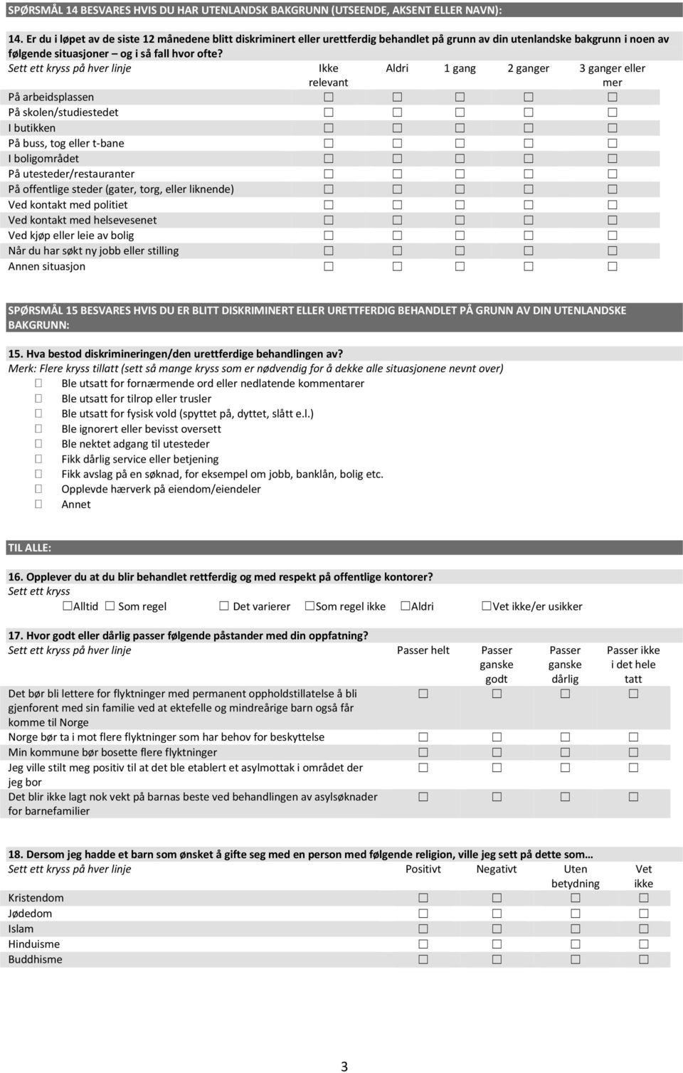 på hver linje Ikke relevant Aldri 1 gang 2 ganger 3 ganger eller mer På arbeidsplassen På skolen/studiestedet I butikken På buss, tog eller t-bane I boligområdet På utesteder/restauranter På