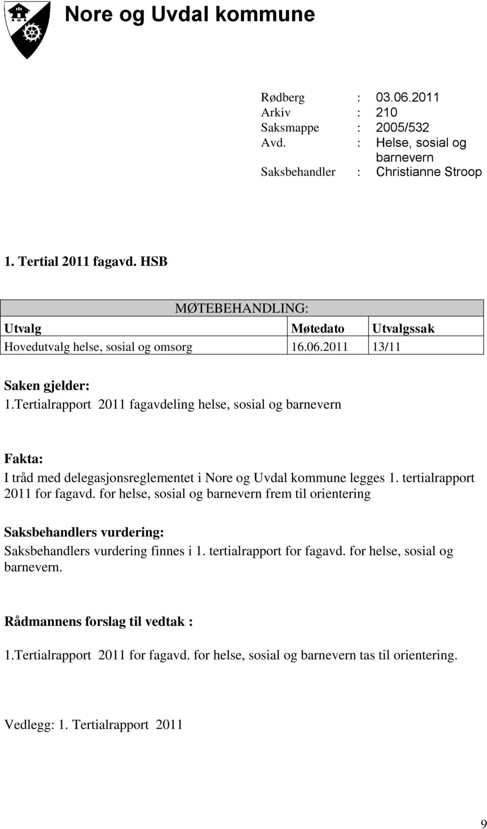 Tertialrapport 2011 fagavdeling helse, sosial og barnevern Fakta: I tråd med delegasjonsreglementet i Nore og Uvdal kommune legges 1. tertialrapport 2011 for fagavd.