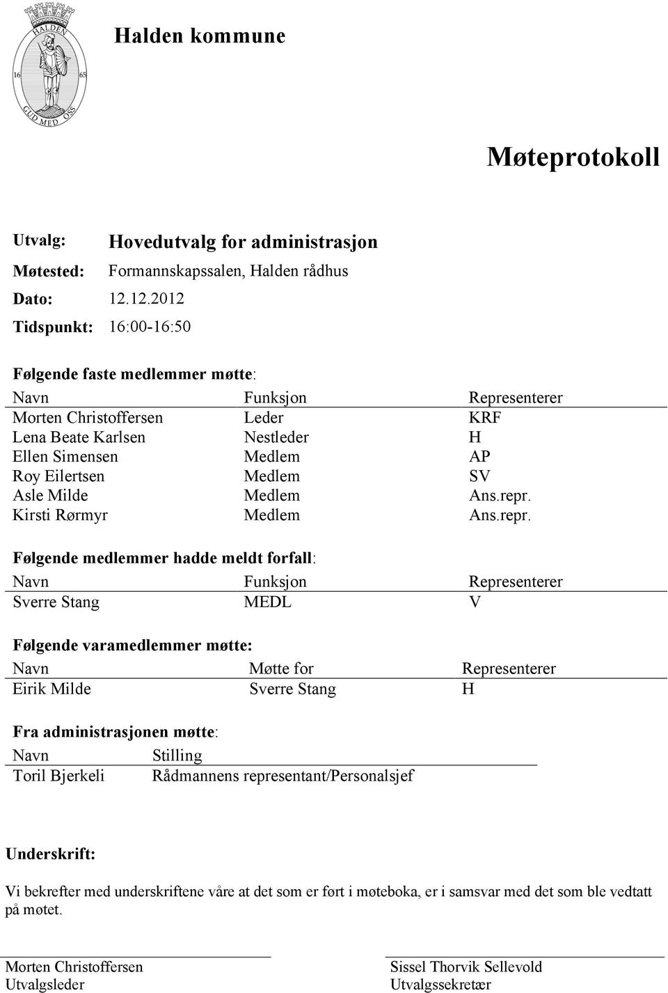 Karlsen Nestleder H Ellen Simensen Medlem AP Roy Eilertsen Medlem SV Asle Milde Medlem Ans.repr.