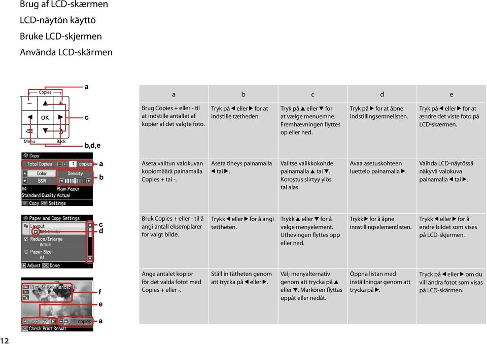 Tryk på l eller r for at ændre det viste foto på LCD-skærmen. Aseta valitun valokuvan kopiomäärä painamalla Copies + tai -. Aseta tiheys painamalla l tai r. Valitse valikkokohde painamalla u tai d.