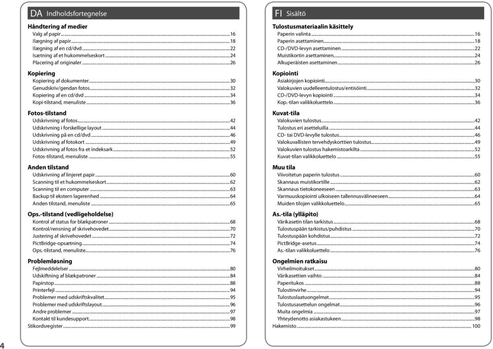 ..42 Udskrivning i forskellige layout...44 Udskrivning på en cd/dvd...46 Udskrivning af fotokort...49 Udskrivning af fotos fra et indeksark...52 Fotos-tilstand, menuliste.