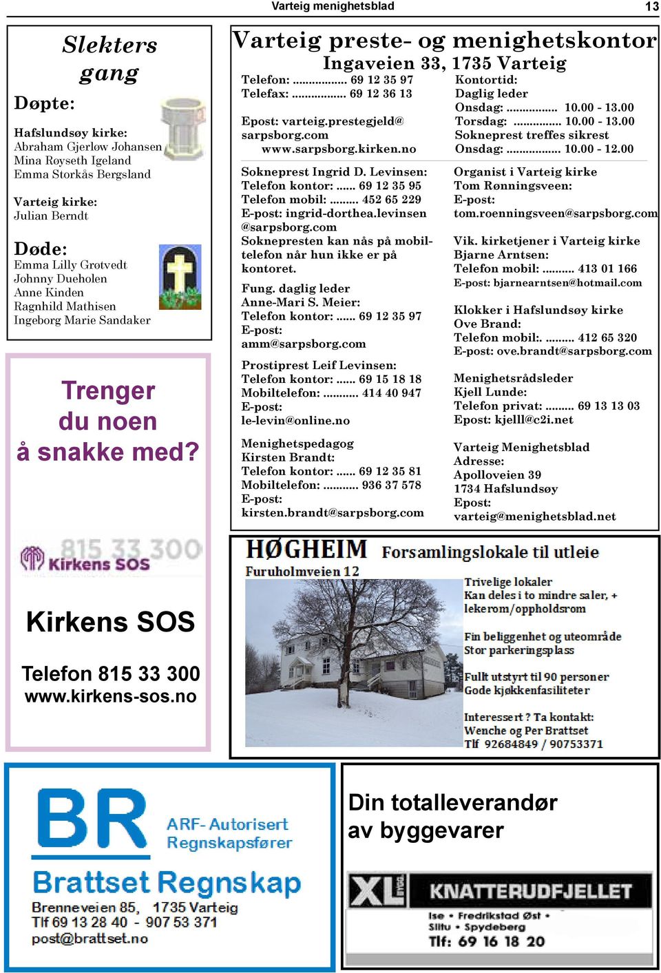 .. 69 12 36 13 Epost: varteig.prestegjeld@ sarpsborg.com www.sarpsborg.kirken.no Sokneprest Ingrid D. Levinsen: Telefon kontor:... 69 12 35 95 Telefon mobil:... 452 65 229 E-post: ingrid-dorthea.