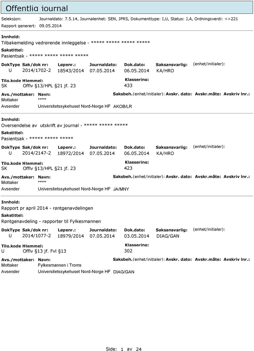 : Mottaker ***** niversitetssykehuset Nord-Norge HF AKOB/LR Oversendelse av utskrift av journal - ***** ***** ***** asientsak - ***** ***** ***** 2014/2147-2 18972/2014 Avs./mottaker: Navn: Saksbeh.