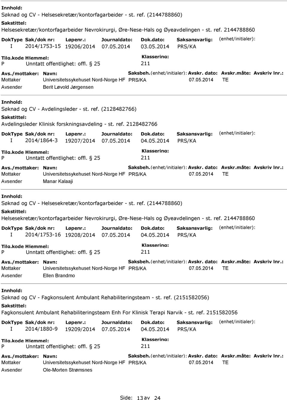 05.2014 nntatt offentlighet: offl. 25 Avs./mottaker: Navn: Saksbeh. Avskr. dato: Avskr.måte: Avskriv lnr.