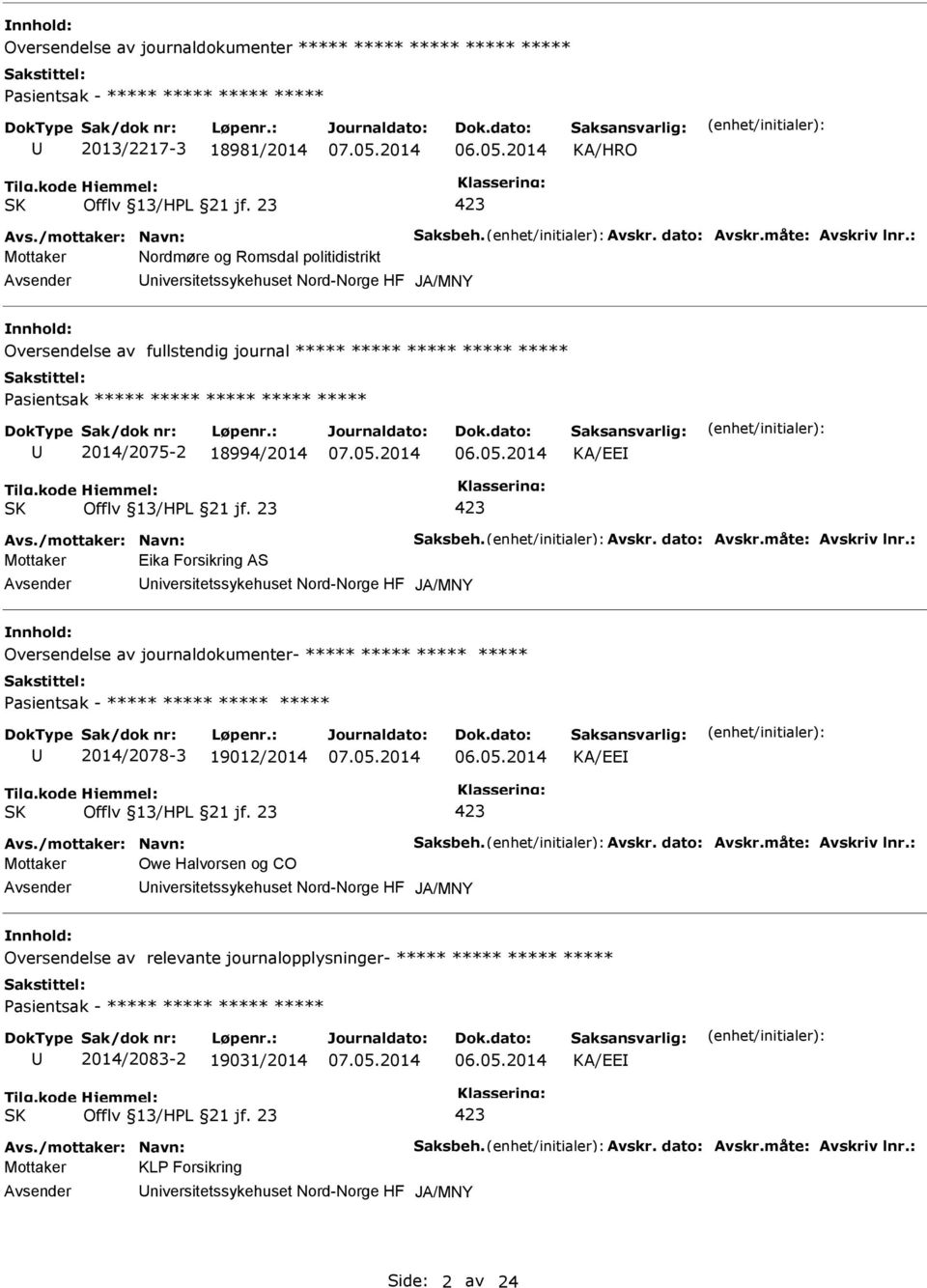 2014/2075-2 18994/2014 KA/EE Avs./mottaker: Navn: Saksbeh. Avskr. dato: Avskr.måte: Avskriv lnr.