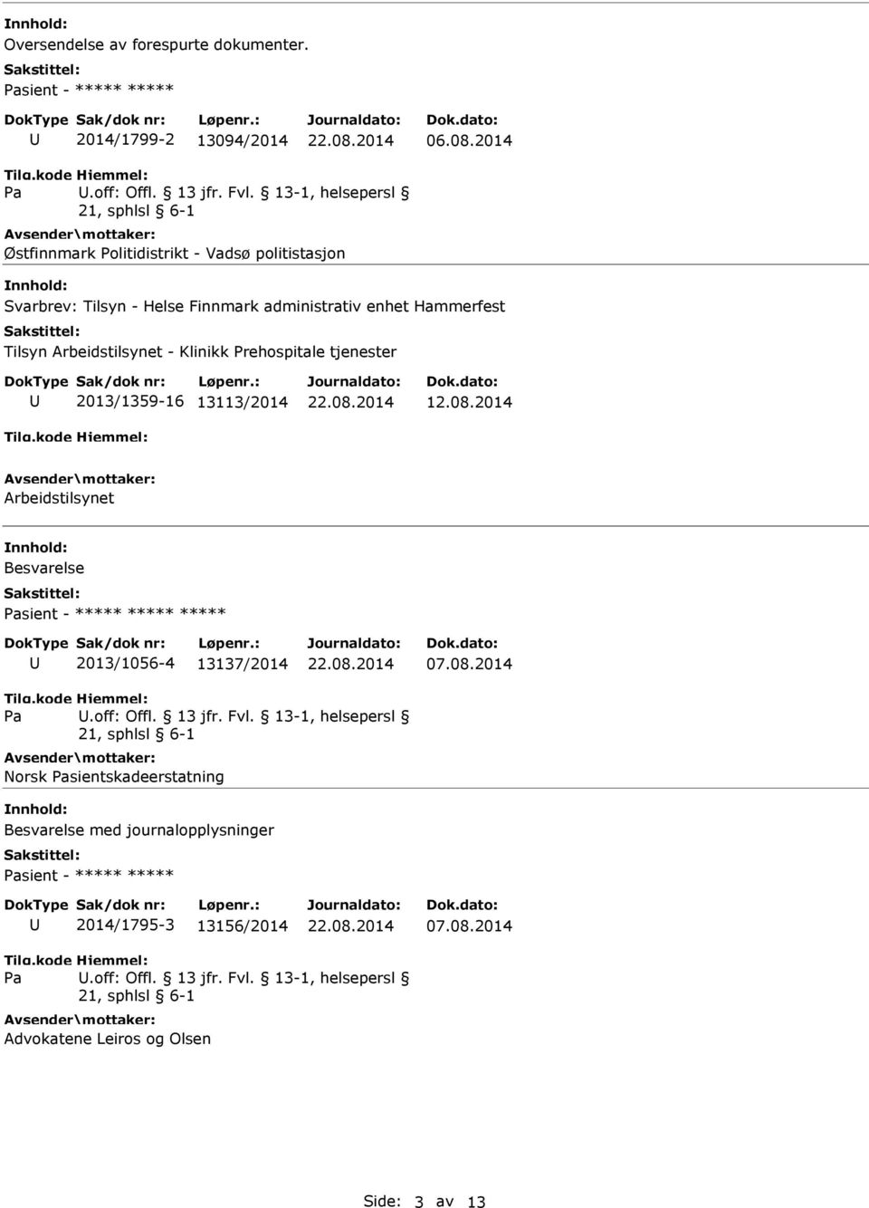 Arbeidstilsynet - Klinikk Prehospitale tjenester 2013/1359-16 13113/2014 12.08.