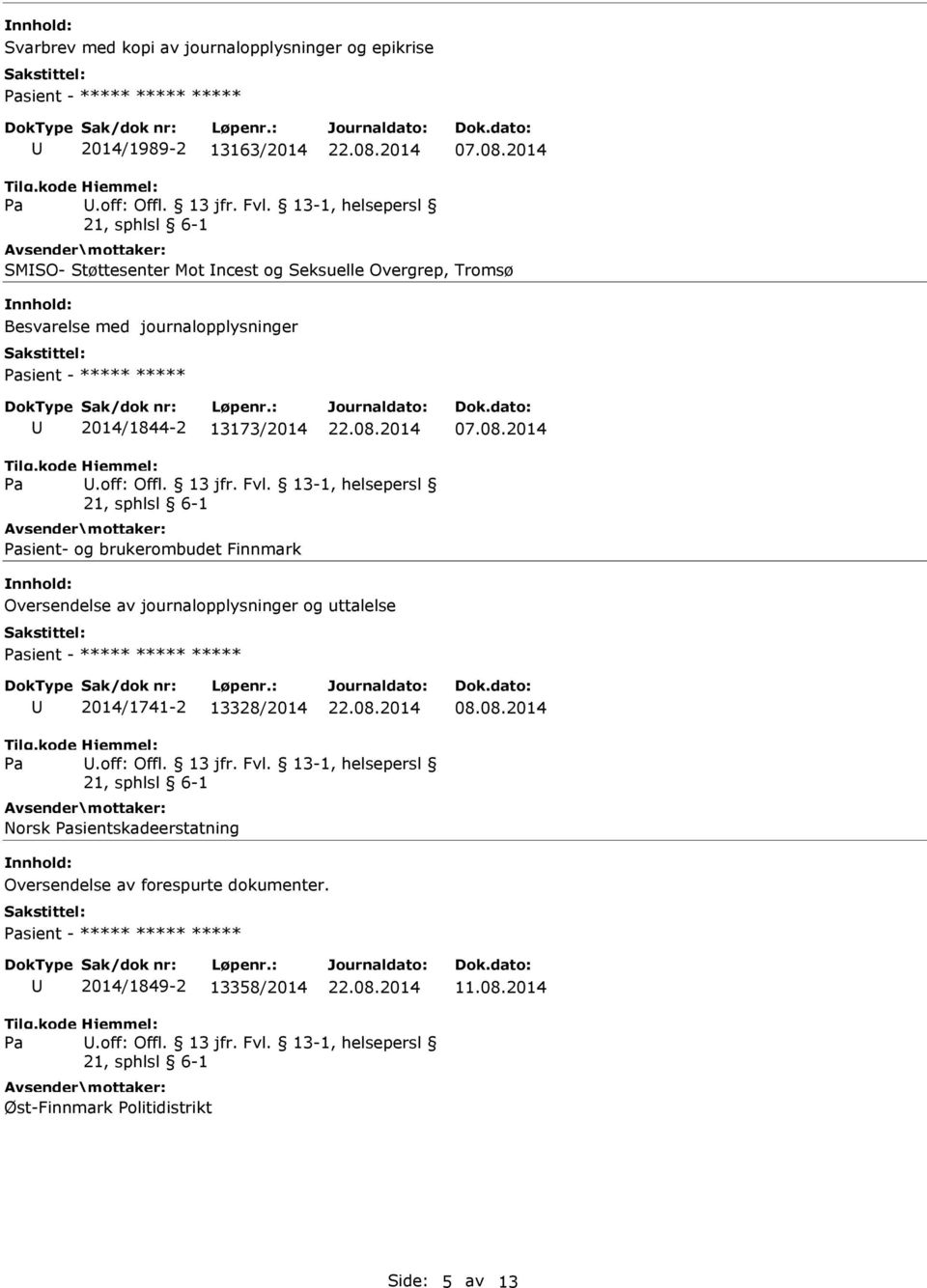 , helsepersl sient- og brukerombudet Finnmark Oversendelse av journalopplysninger og uttalelse sient - ***** ***** ***** 2014/1741-2 13328/2014 08.08.2014.off: Offl.