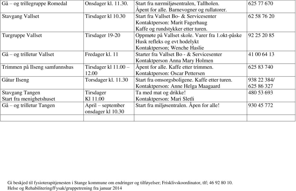 okt-påske 92 25 20 85 Husk refleks og evt hodelykt Kontaktperson; Wenche Haslie Gå og trilletur Vallset Fredager kl.