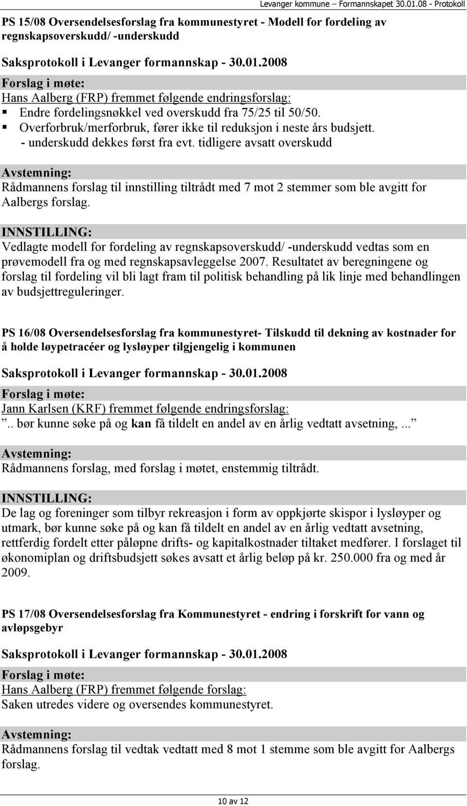 tidligere avsatt overskudd Rådmannens forslag til innstilling tiltrådt med 7 mot 2 stemmer som ble avgitt for Aalbergs forslag.