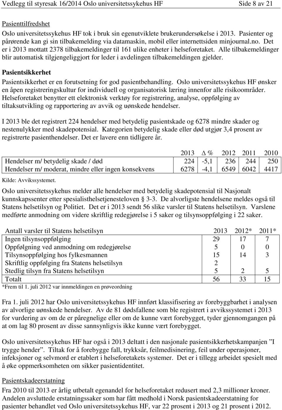 Alle tilbakemeldinger blir automatisk tilgjengeliggjort for leder i avdelingen tilbakemeldingen gjelder. Pasientsikkerhet Pasientsikkerhet er en forutsetning for god pasientbehandling.